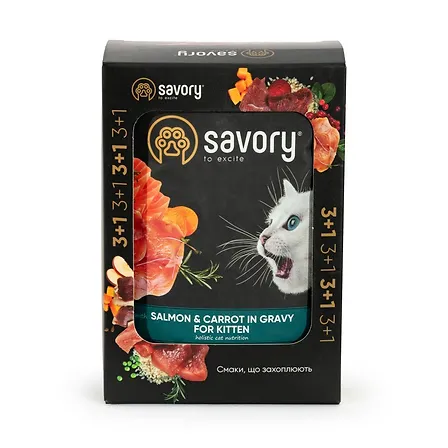 Photo of Набір паучів Savory Kitten, with Salmon and Carrot in Gravy 3+1