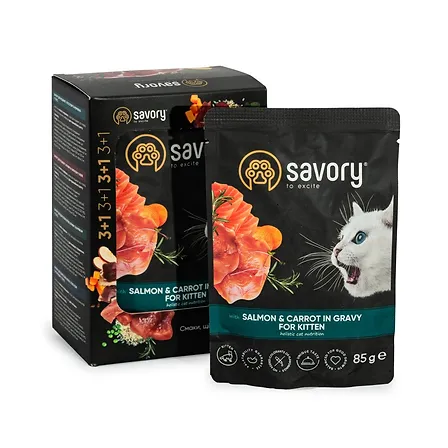 Photo of Набір паучів Savory Kitten, with Salmon and Carrot in Gravy 3+1