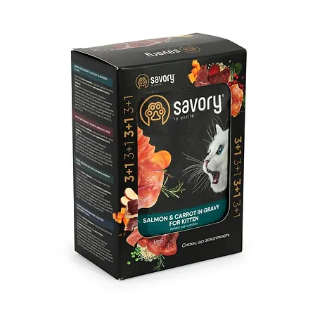 Photo of Набір паучів Savory Kitten, with Salmon and Carrot in Gravy 3+1
