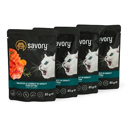 Photo of Набір паучів Savory Kitten, with Salmon and Carrot in Gravy 3+1