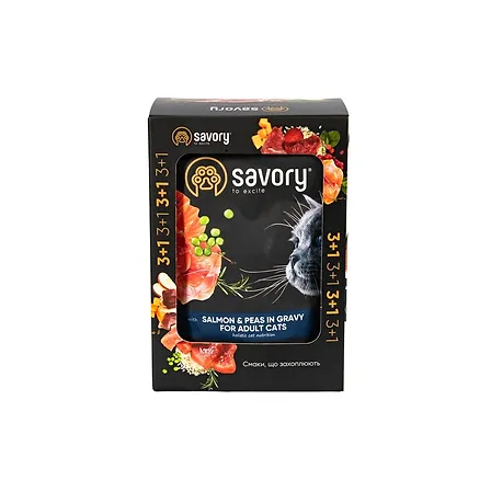 Photo of Набір паучів 3+1 Savory Adult Cat Salmon and Peas in Gravy для котів шматки в соусі з лососем та горохом 4х85 г