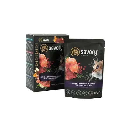 Photo of Набір паучів Savory Sterilised Cats with Lamb and Cranberries in Gravy 3+1