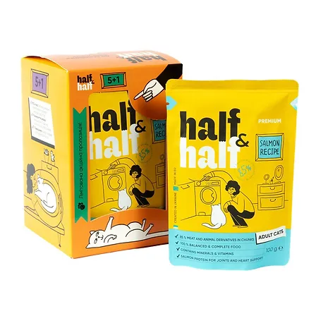 Photo of Набір паучів HalfHalf д/дорослих котів лосось/желе 5+1