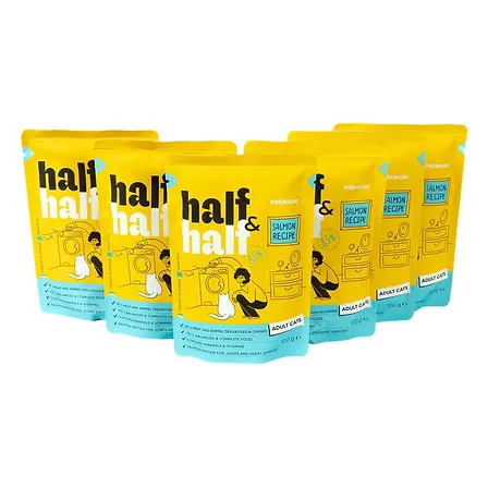 Photo of Набір паучів HalfHalf д/дорослих котів лосось/желе 5+1