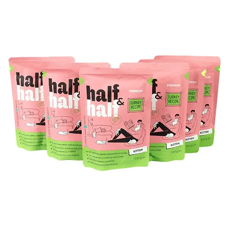 Photo of Набір паучів HalfHalf д/кошенят індичка/желе 5+1
